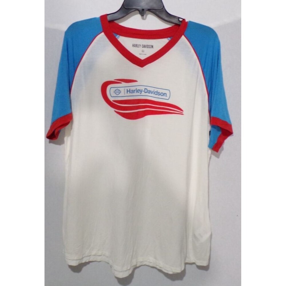 Harley Davidson Jersey Knit Shirt Top 2 XL Red White Blue Raglan Short Sleeve